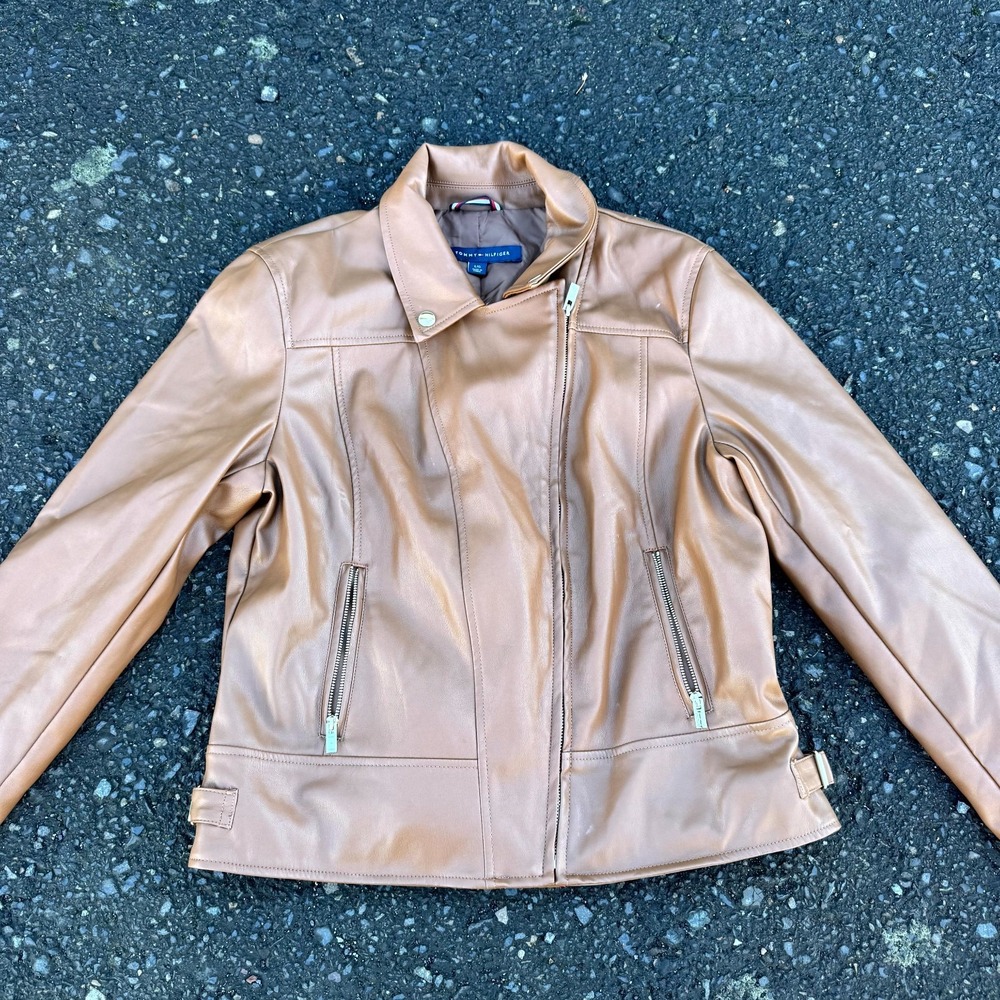 Tommy Hilfiger Womens Beige Tan Zipper Faux-Leather Moto Biker Jacket Size Large